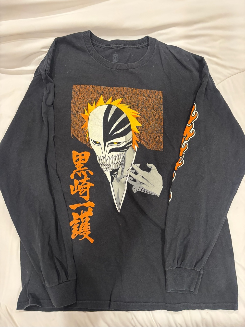 Black Graphic Long-Sleeve Men's Shirt with Orange Anime Design